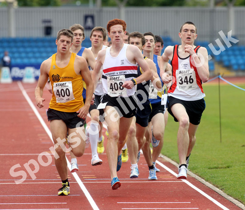 400 Max Kaye (Holmfirth Harriers), 408 Toby Loveridge (Liverpool Pembroke & Sefton AC), 346 John Ashcroft (St. Helens Sutton AC) winner of the under-20s 1500 metres, Northern Championships, Sport City, Manchester